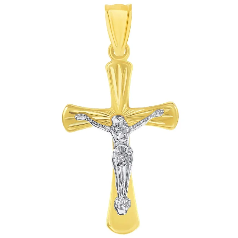 14k Gold High Polished Textured Religious Cross Jesus Crucifix Pendant - Two-Tone