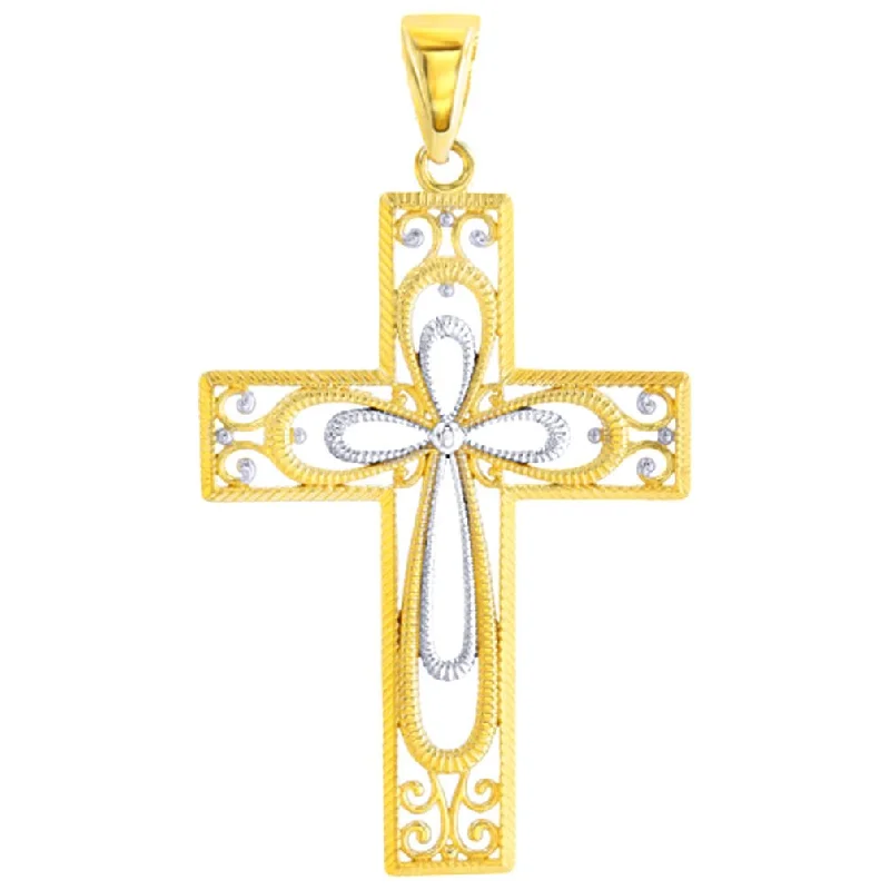 14K Gold Textured Milgrain Filigree Cross Pendant - Yellow Gold