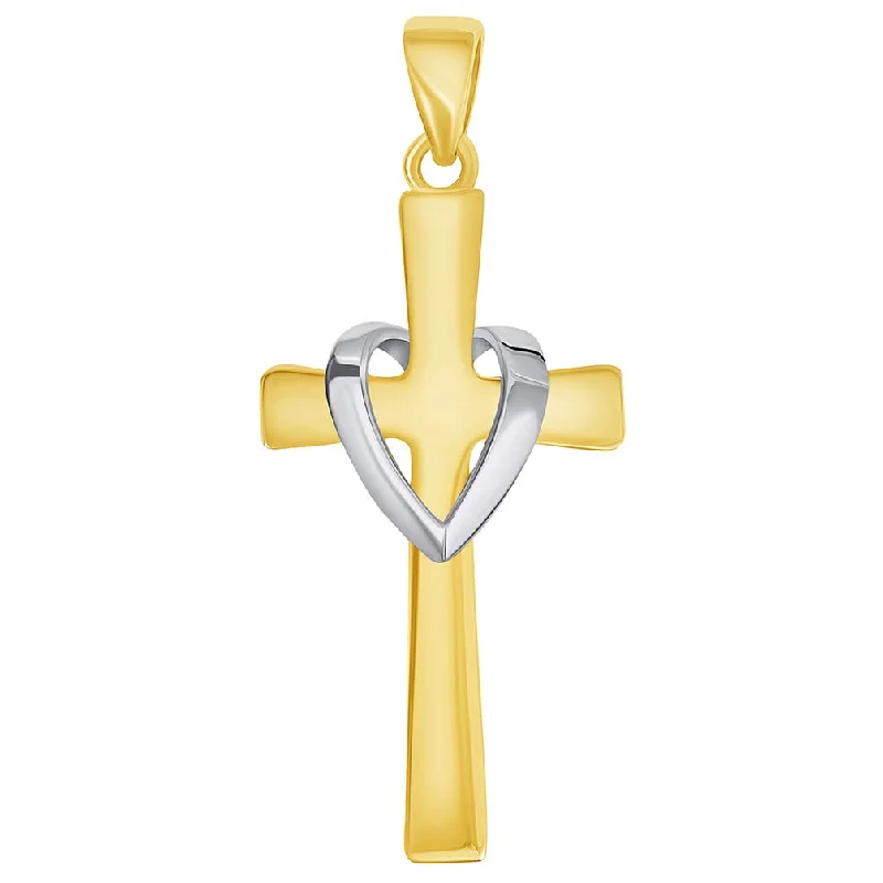 14k Solid Two-Tone Gold Religious Heart Cross Pendant