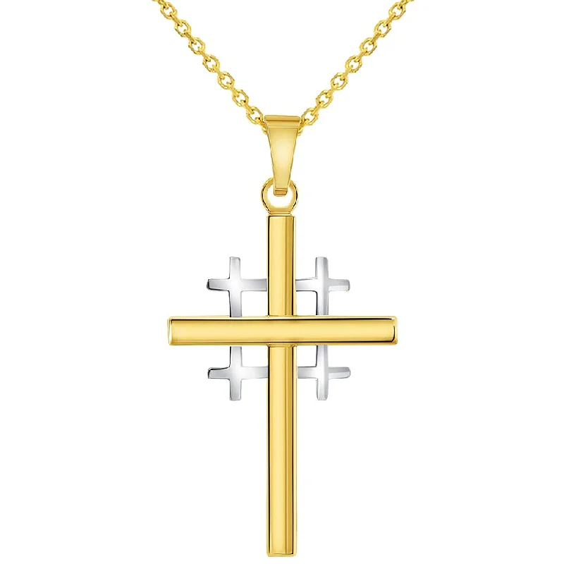 14k Two-Tone Gold Religious Crusaders Jerusalem Latin Plain Cross Pendant Necklace