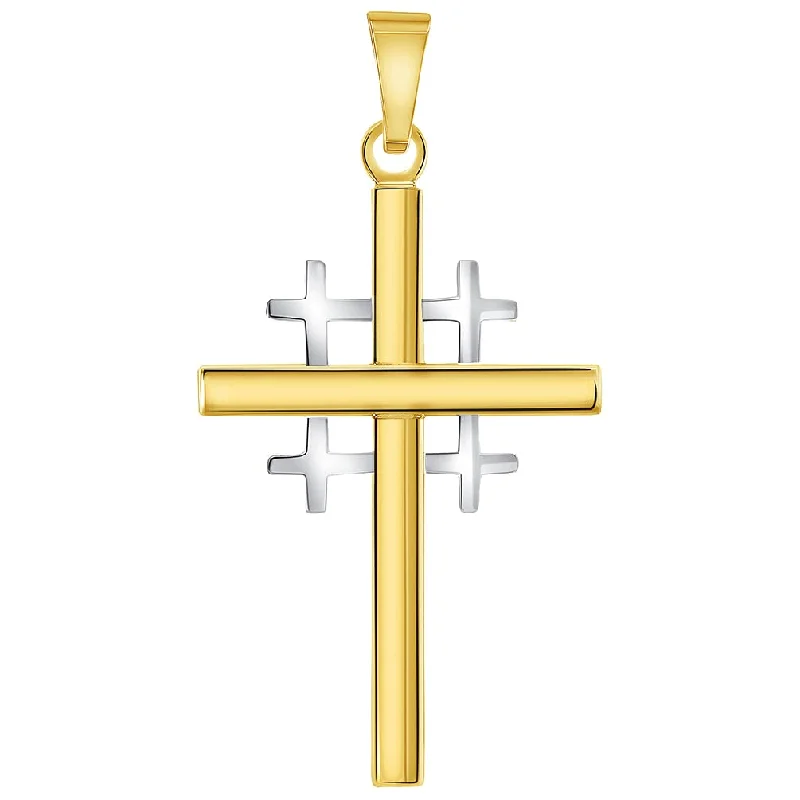 14k Two-Tone Gold Religious Crusaders Jerusalem Latin Plain Cross Pendant