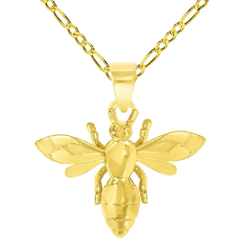 14k Yellow Gold 3D Honey Bee Charm Bumblebee Insect Pendant with Figaro Chain Necklace