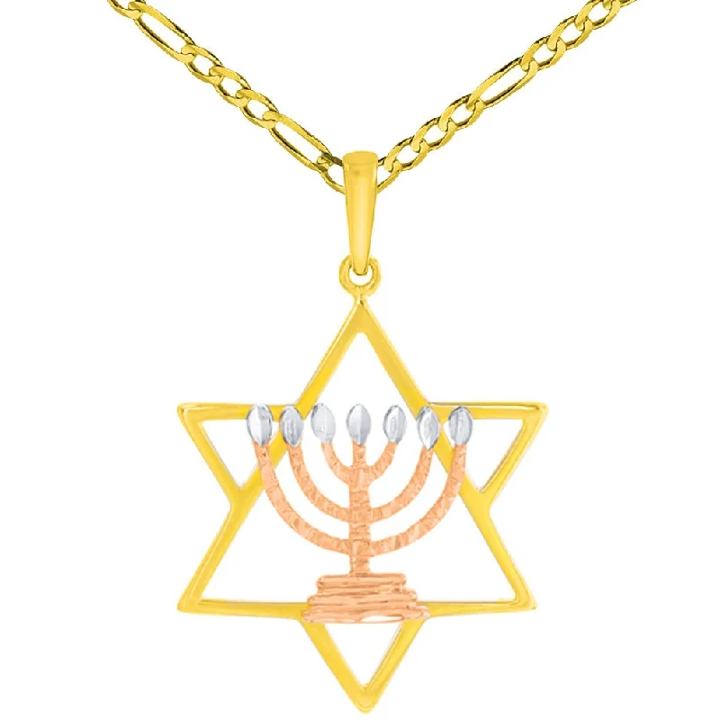 14K Yellow Gold & Rose Gold Jewish Star of David with Menorah Pendant Necklace