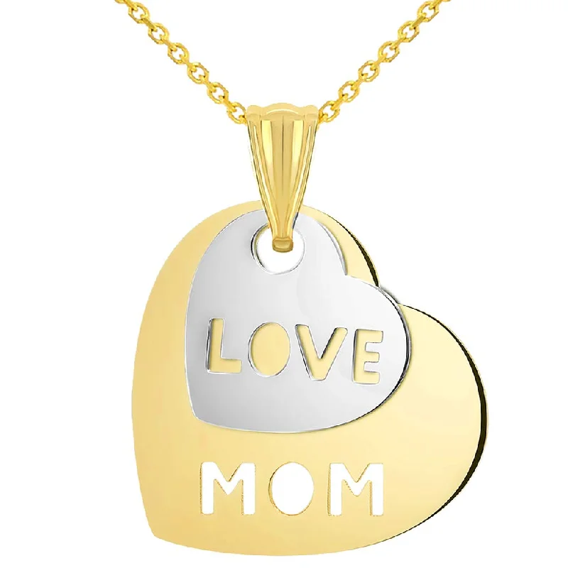 14k Yellow Gold and White Gold Double Heart with Cut-Out Love Mom Pendant Necklace