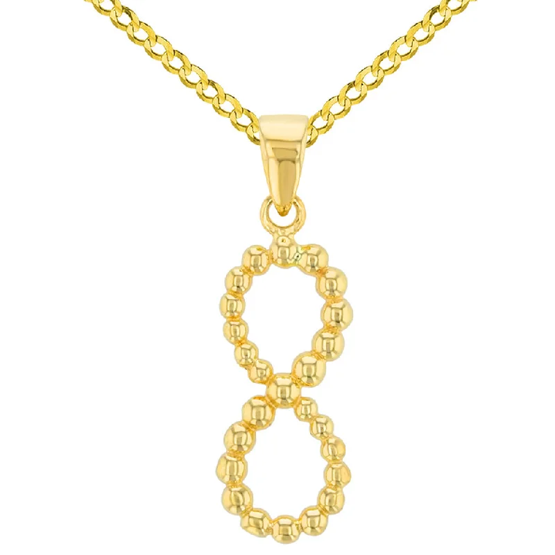 14K Yellow Gold Beaded Vertical Infinity Pendant with Cuban Chain Necklace