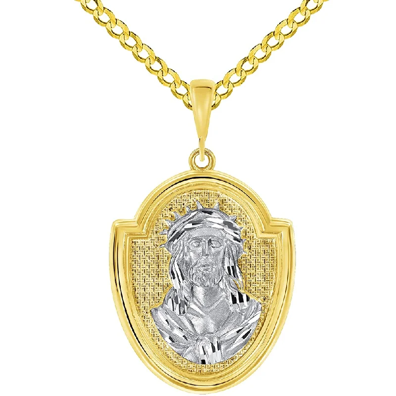 14k Yellow Gold Crown of Thorns Jesus Christ Medallion Scripted God Bless Us Pendant with Curb Chain Necklace