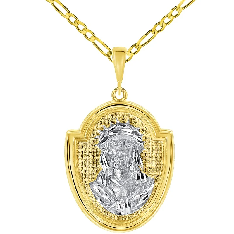 14k Yellow Gold Crown of Thorns Jesus Christ Medallion Scripted God Bless Us Pendant with Figaro Chain Necklace