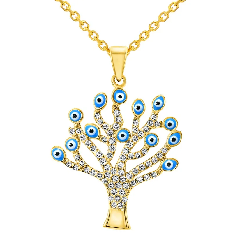 14k Yellow Gold Cubic-Zirconia Blue Evil Eye Tree of Life Pendant Necklace