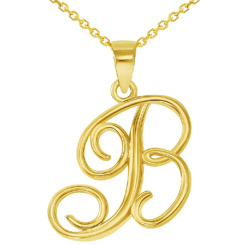 14k Yellow Gold Elegant Script Letter B Cursive Initial Pendant Necklace