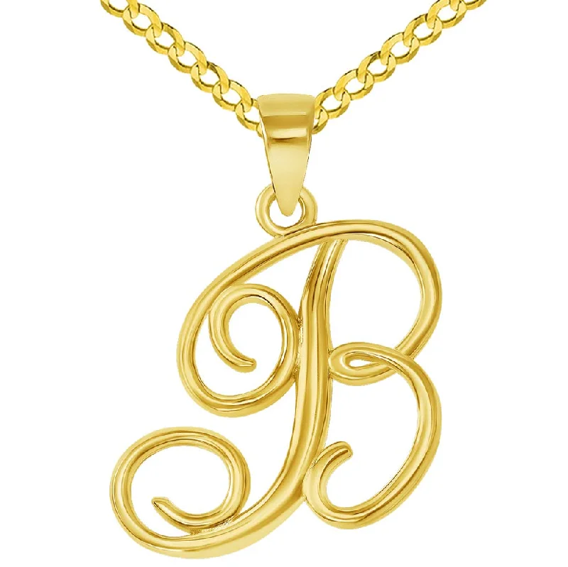 14k Yellow Gold Elegant Script Letter B Cursive Initial Pendant with Curb Chain Necklace