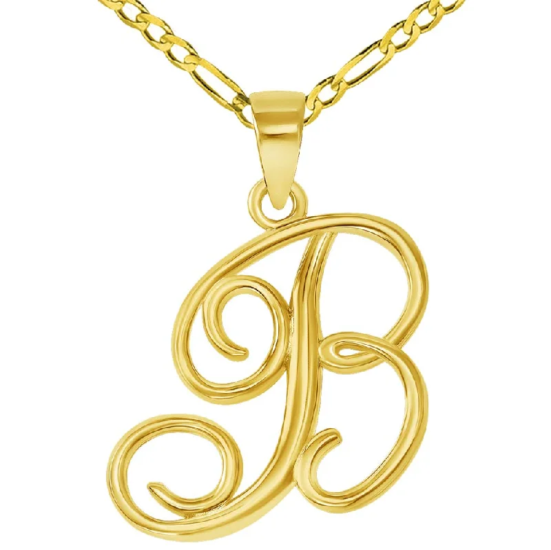 14k Yellow Gold Elegant Script Letter B Cursive Initial Pendant with Figaro Chain Necklace