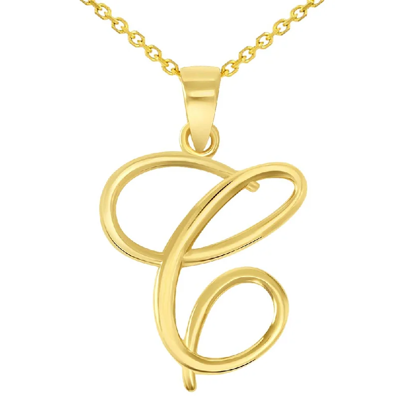 14k Yellow Gold Elegant Script Letter C Cursive Initial Pendant Necklace