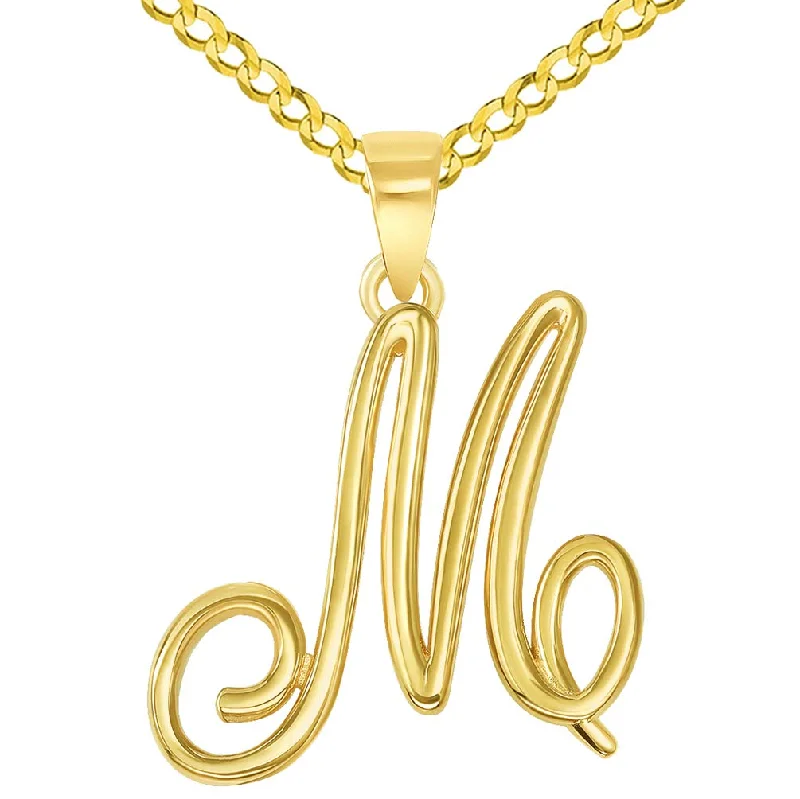 14k Yellow Gold Elegant Script Letter M Cursive Initial Pendant with Figaro Chain Necklace