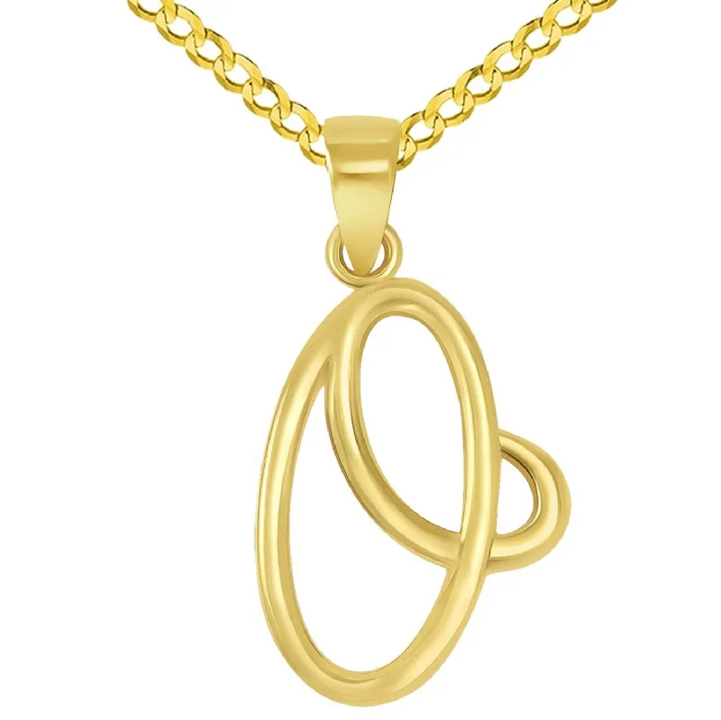 14k Yellow Gold Elegant Script Letter O Cursive Initial Pendant with Concave Cuban Link Curb Chain Necklace