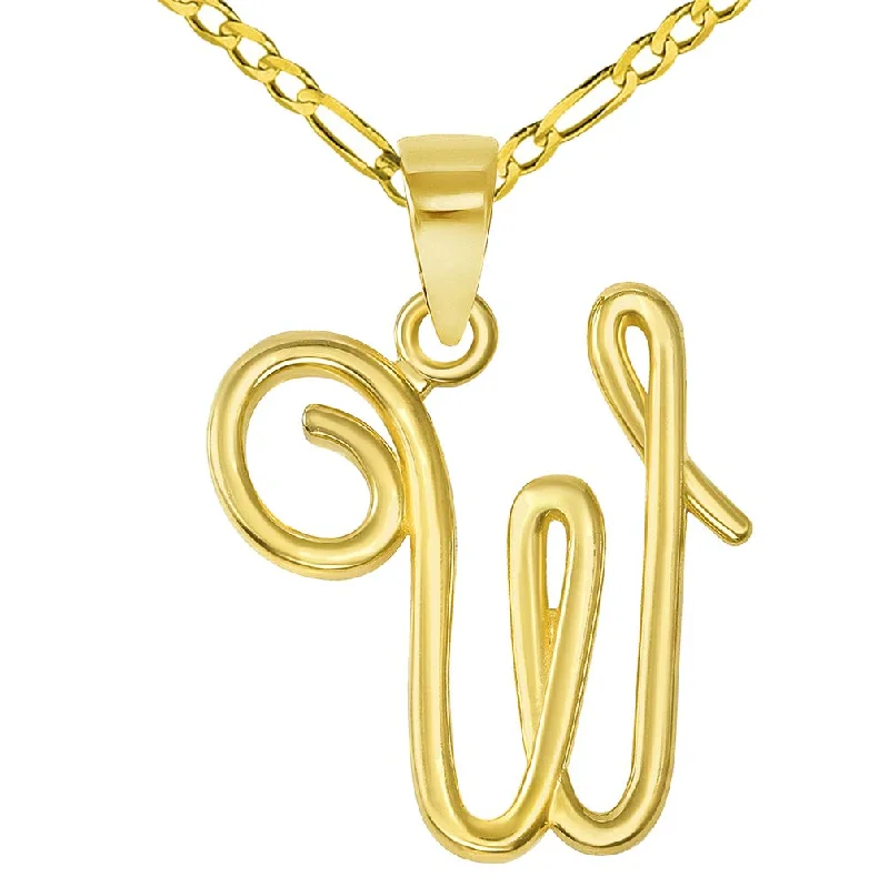 14k Yellow Gold Elegant Script Letter W Cursive Initial Pendant with Figaro Chain Necklace