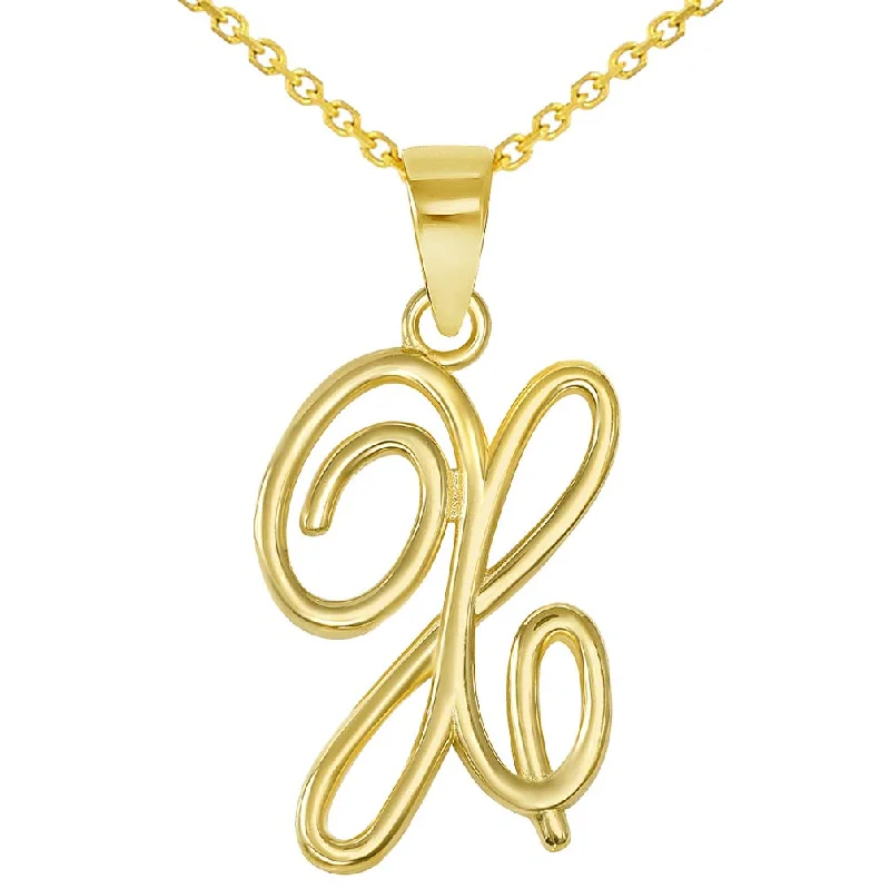 14k Yellow Gold Elegant Script Letter X Cursive Initial Pendant Necklace