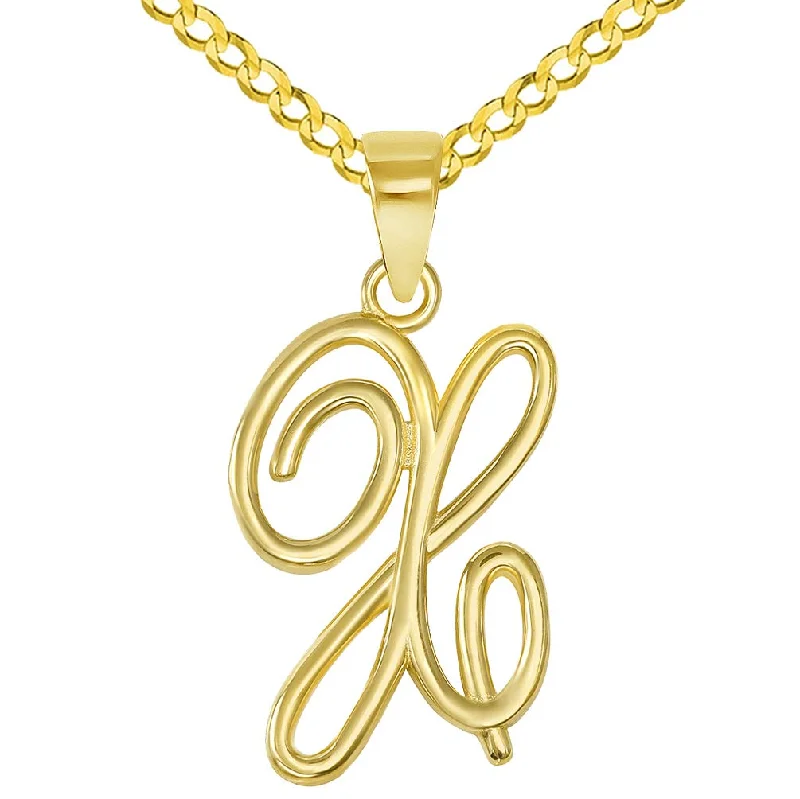 14k Yellow Gold Elegant Script Letter X Cursive Initial Pendant with Concave Cuban Link Curb Chain Necklace