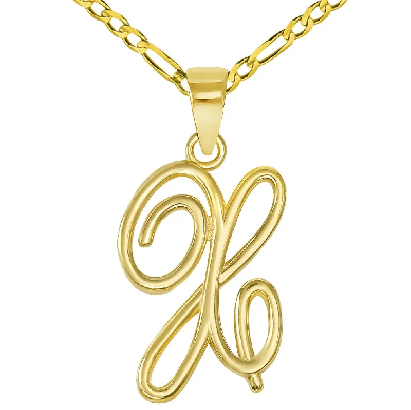 14k Yellow Gold Elegant Script Letter X Cursive Initial Pendant with Figaro Chain Necklace