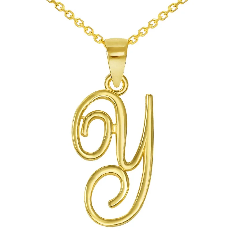 14k Yellow Gold Elegant Script Letter Y Cursive Initial Pendant Necklace