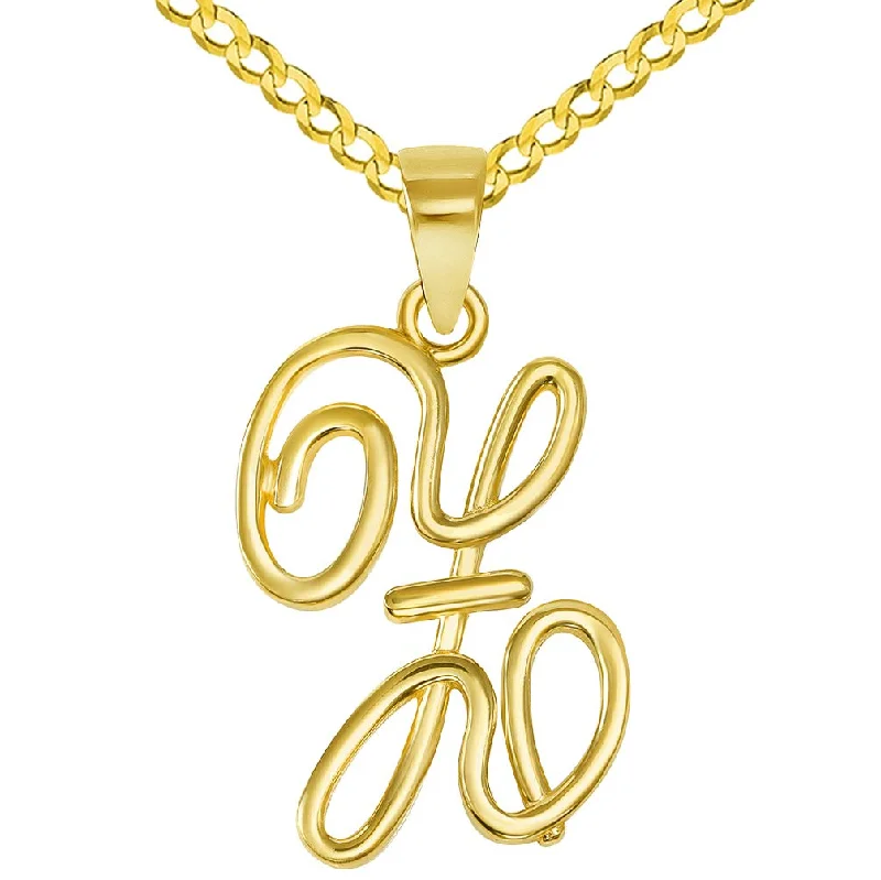 14k Yellow Gold Elegant Script Letter Z Cursive Initial Pendant with Concave Cuban Link Curb Chain Necklace