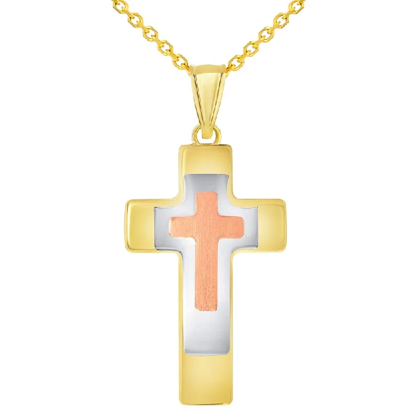 14k Yellow Gold High Polished Tri-Tone Religious Cross Pendant Necklace