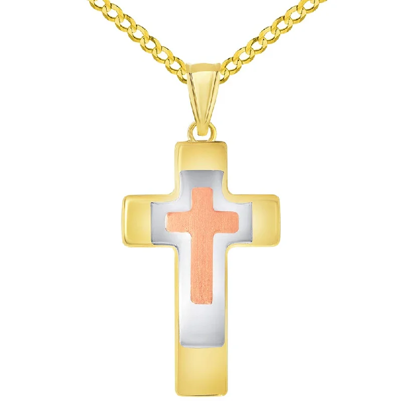 14k Yellow Gold High Polished Tri-Tone Religious Cross Pendant with Cuban Curb Chain Necklace