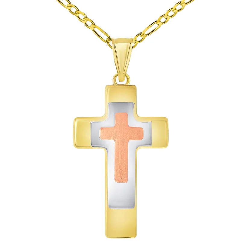 14k Yellow Gold High Polished Tri-Tone Religious Cross Pendant with Figaro Chain Necklace