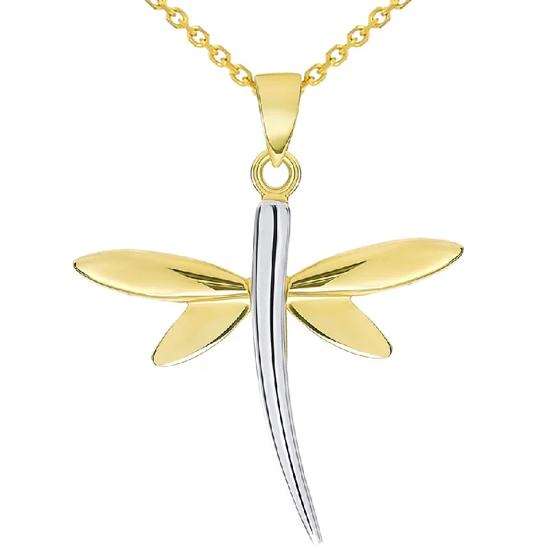 14k Yellow Gold High Polished Two-Tone Dragonfly Pendant with Cable, Curb, or Figaro Chain Necklaces