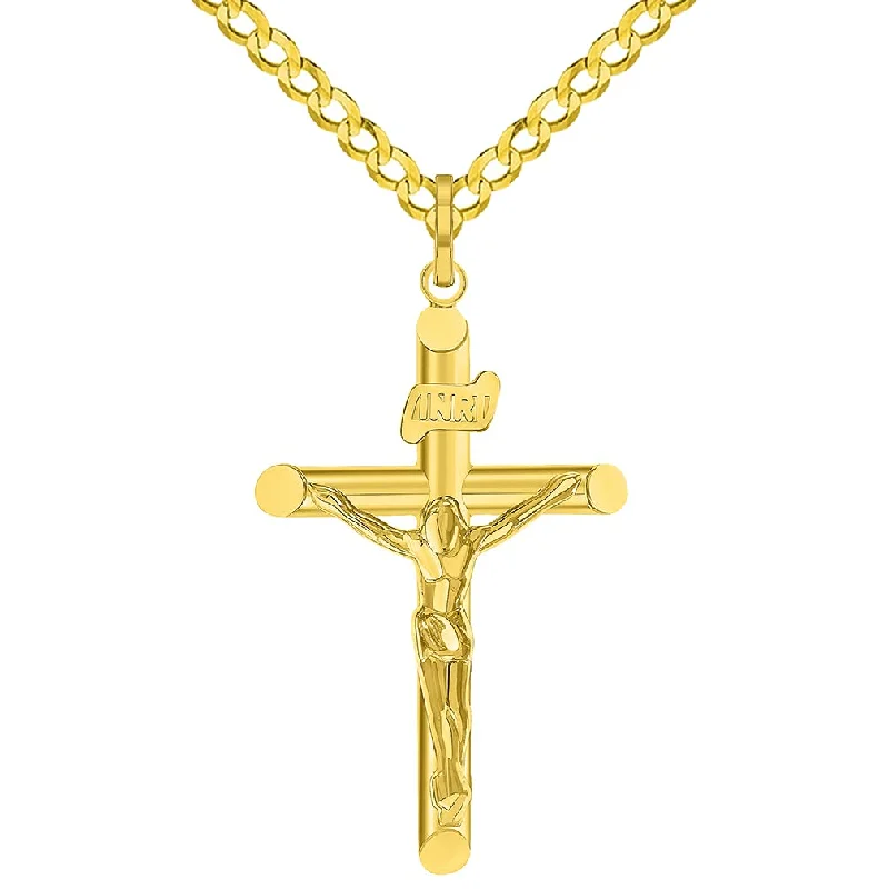 14k Yellow Gold INRI Tubular Cross Charm Traditional Roman Catholic Crucifix Pendant Cuban Curb Chain Necklace