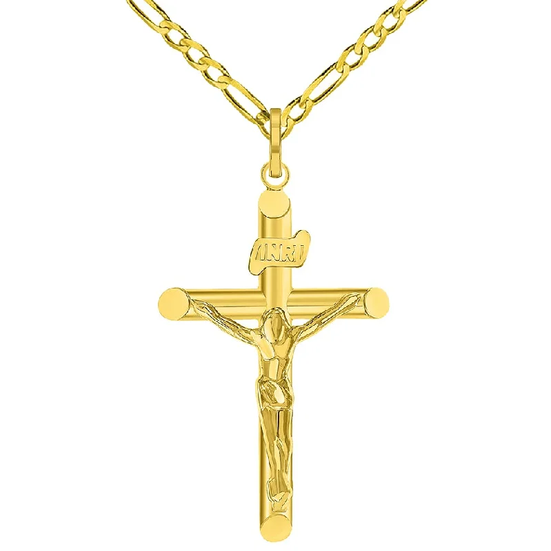 14k Yellow Gold INRI Tubular Cross Charm Traditional Roman Catholic Crucifix Pendant Figaro Chain Necklace