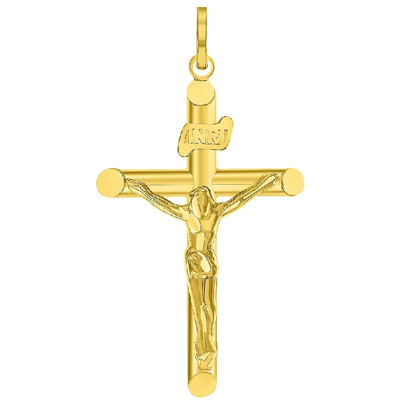 14k Yellow Gold INRI Tubular Cross Charm Traditional Roman Catholic Crucifix Pendant