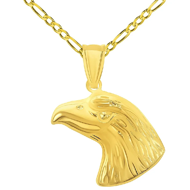 14k Yellow Gold Polished 3D Bald Eagle Head Animal Pendant with Figaro Chain Necklace