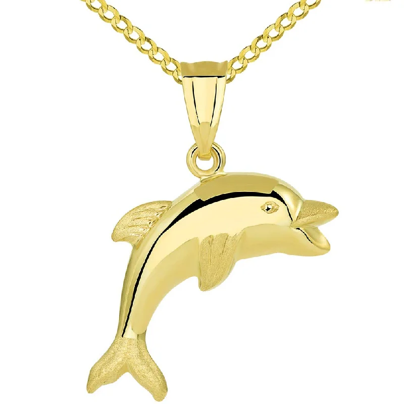 14k Yellow Gold Polished Smiling and Jumping 3D Dolphin Pendant Cuban Necklace