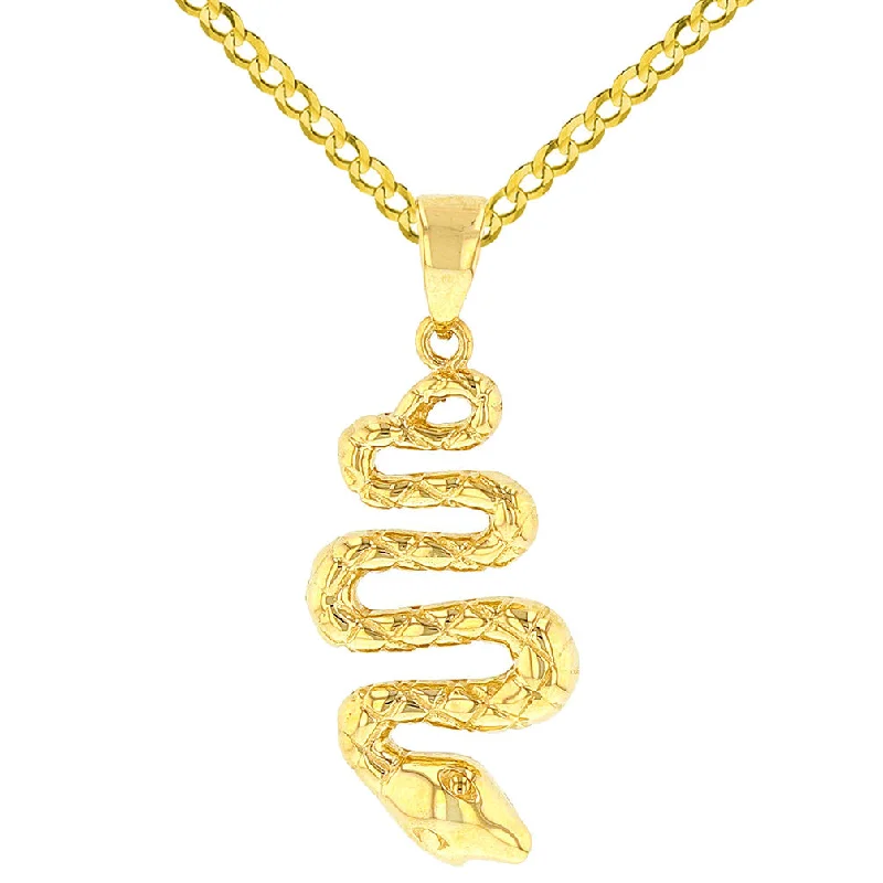 14K Yellow Gold Polished Snake Charm Animal Pendant with Cuban Chain Necklace