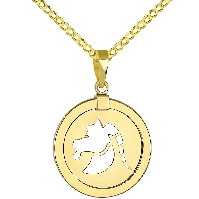 14K Yellow Gold Reversible Round Capricorn Goat Zodiac Sign Pendant with Cuban Chain Necklace