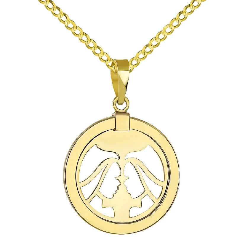 14K Yellow Gold Reversible Round Gemini Twins Zodiac Sign Pendant with Cuban Chain Necklace