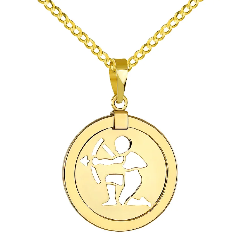 14K Yellow Gold Reversible Round Sagittarius Zodiac Sign Pendant with Cuban Chain Necklace