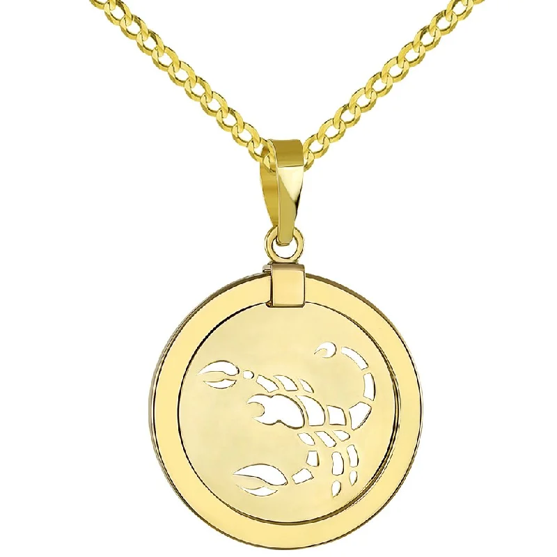 14K Yellow Gold Reversible Round Scorpion Scorpio Zodiac Sign Pendant with Cuban Chain Necklace