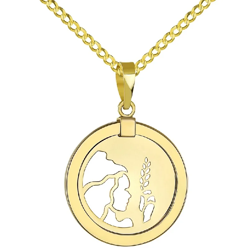 14K Yellow Gold Reversible Round Virgo Zodiac Sign Pendant with Cuban Chain Necklace