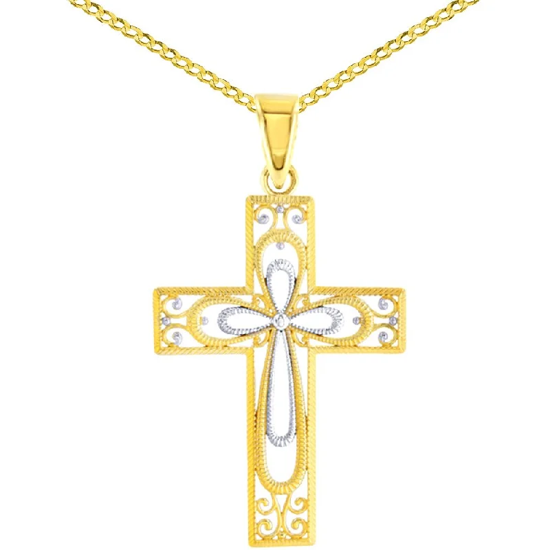 14K Yellow Gold Textured Milgrain Filigree Religious Cross Pendant Cuban Chain Necklace