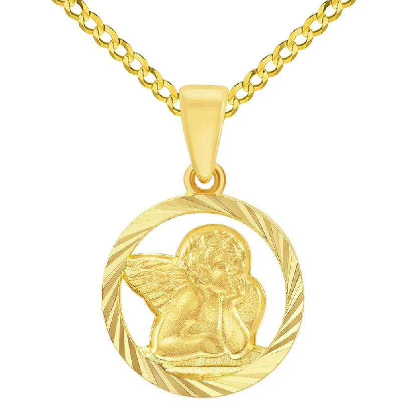 14k Yellow Gold Textured Open Round Guardian Angel Pendant with Curb Chain Necklace