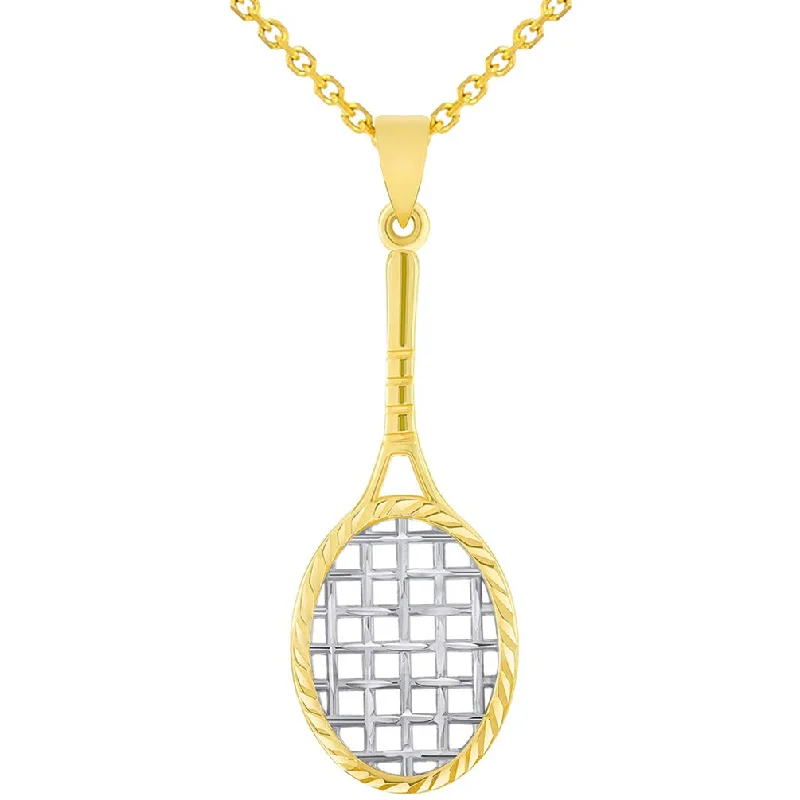 14k Yellow Gold Textured Tennis Racket Sports Pendant Necklace