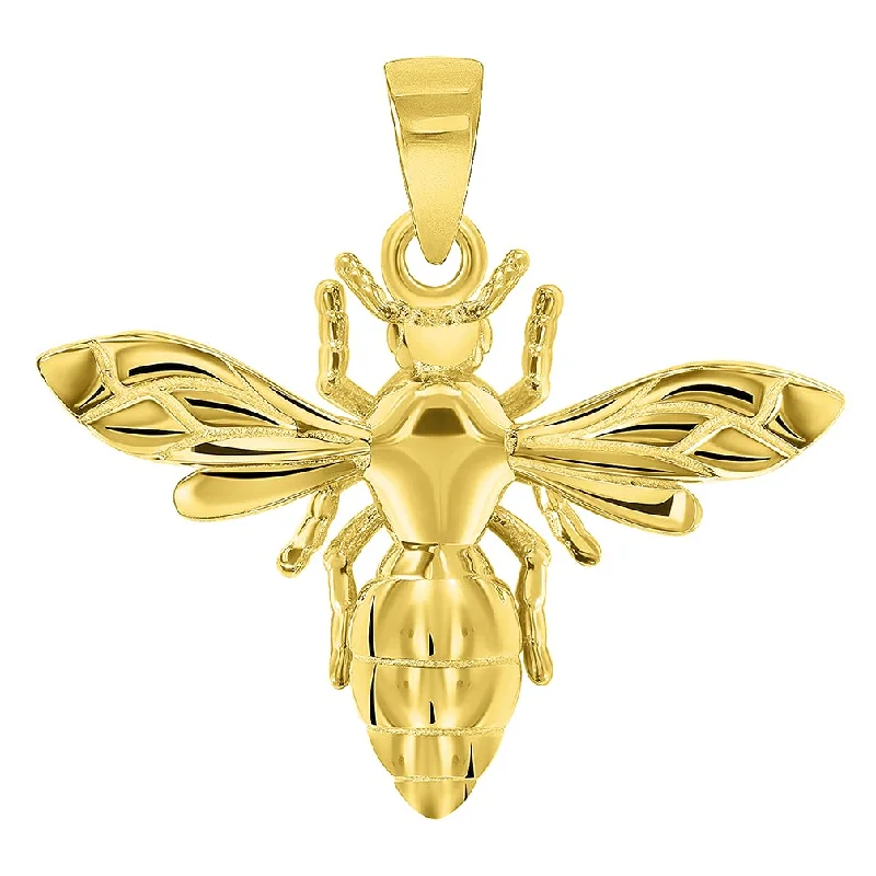 14k Yellow Gold Well Detailed 3D Honey Bee Charm Bumblebee Insect Pendant