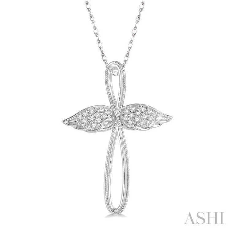 1/10 Ctw Twisted Cross Angel Wings Round Cut Diamond Pendant With Chain in 10K White Gold