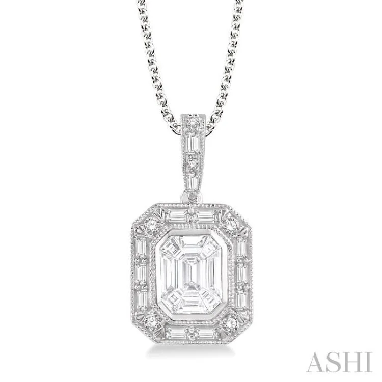 1/2 Ctw Emerald, Baguette & Round Cut Fusion Diamond Pendant in 14K White Gold