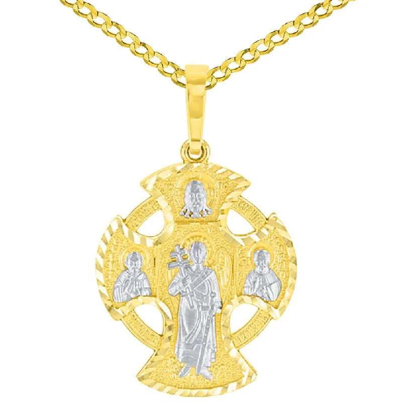 Handcrafted Solid 14K Yellow Gold Textured Celtic Cross Charm with Saints Pendant Cuban Chain Necklace