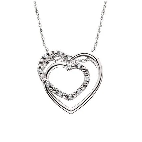 From the "Aspire 925 Silverworks Collection," this radiant sterling silver interlocking heart pendant set with 11 diamonds makes up a total carat weight of .06tw. An 18" sterling silver chain included.