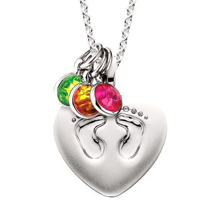 Part of the "Mommy CHIC" collection, a beautiful footprint heart shaped sterling silver pendant. An 18" sterling chain is included. ROUND & BRIOLETTE BIRTHSTONES, INITIAL CHARMS AND GIRL & BOY CHARMS ARE SOLD SEPARATELY. PLEASE CONTACT STORE FOR MORE...