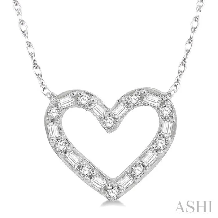 1/4 Ctw Heart Charm Baguette and Round Cut Diamond Necklace in 14K White Gold