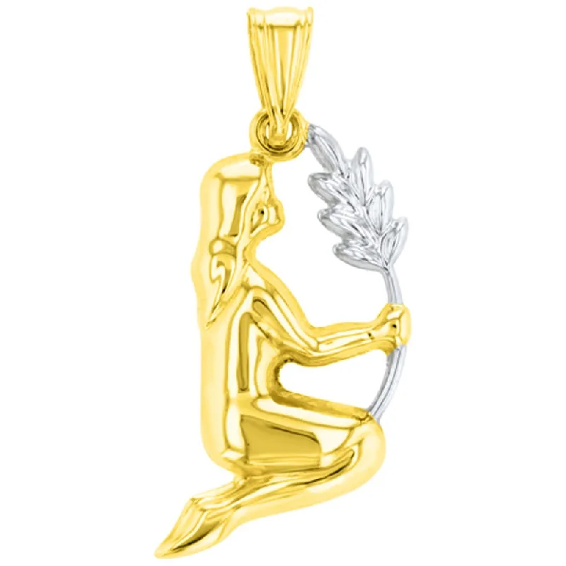 High Polish 14K Gold Virgo Zodiac Sign Holding Wheat Charm Pendant - Yellow Gold